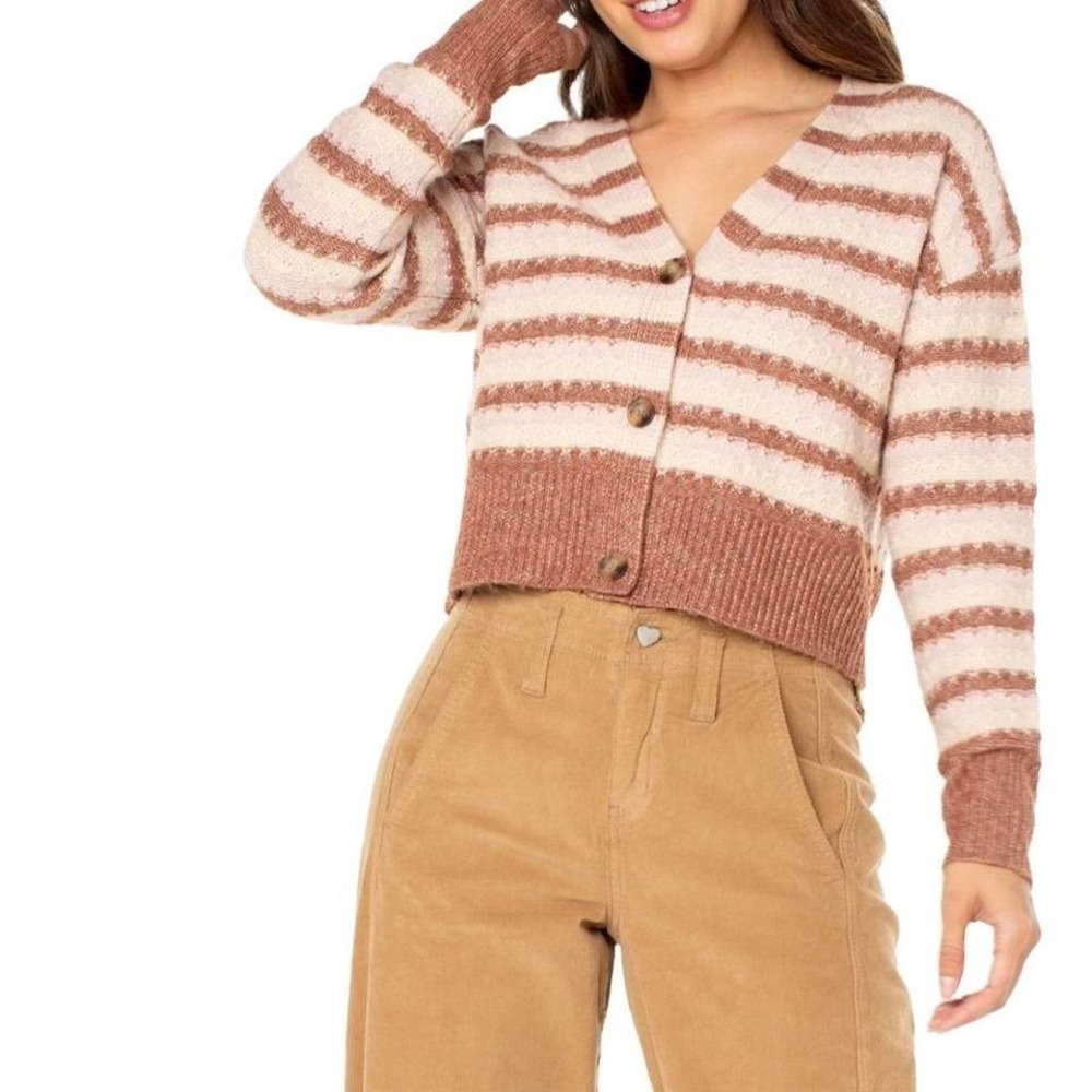 CELEBRITY PINK‎ STRIPED V NECK CROP CARDIGAN SWEATER WOMEN M ROSE BUTTON FRONT
